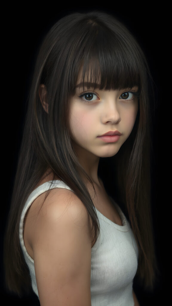 a (((perfectly proportioned portrait))), visualize a cute picture: a detailed teen girl, 14 years old, with soft straight very long jet hair, bangs cut frame her round face, exuding a sense of melancholy and loneliness, full lips, (((white cropped short tank top made of fine wool)) which perfectly shaped her body, deep v-neck), side view (((against a black backdrop))) ((upper body portrait))