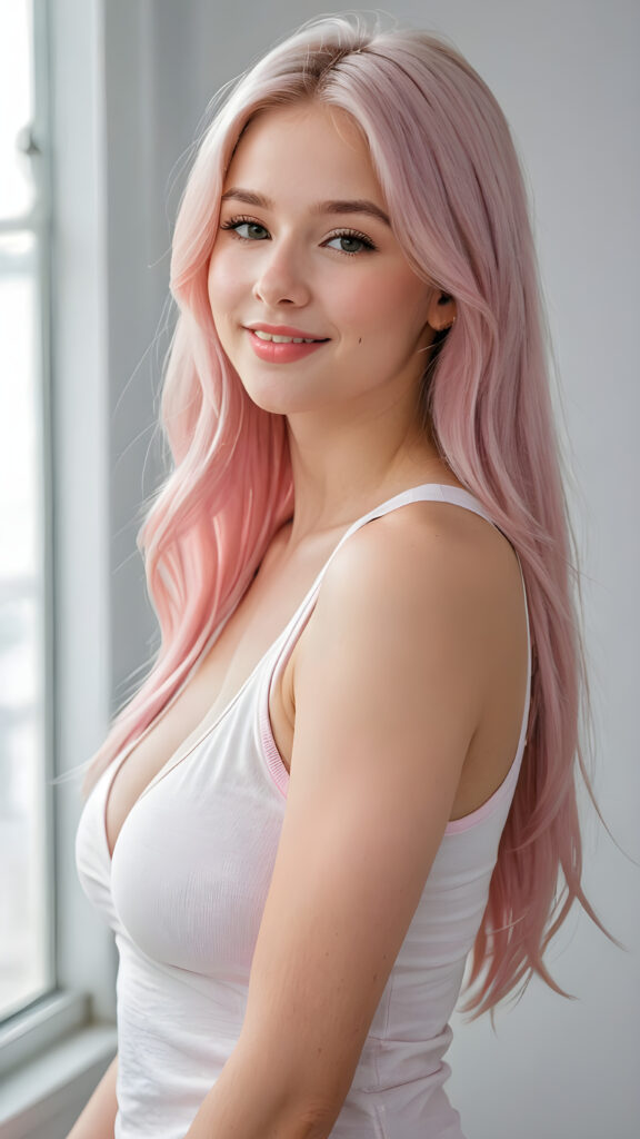 a (((perfectly realistic full-body portrait))), featuring a (((very cute young silver skinned well busty teen girl))) with ((bright white tank top, deep v-neck, open front)), (((detailed, realistic light pink long straight soft hair))), and (((clear skin))), accompanied by (((full, defined lips))), that give off a (natural, glowing smile, white teeth). Her face is (((beautifully drawn))), and (((a small, pointed nose))), all framed by (((a slightly pointed chin))), which complements the overall aesthetic. The portrait is (((side-view, looking slightly to the side))), with (((bright, natural light))) illuminating her face and creating a (softly shaded backdrop) that accentuates her features