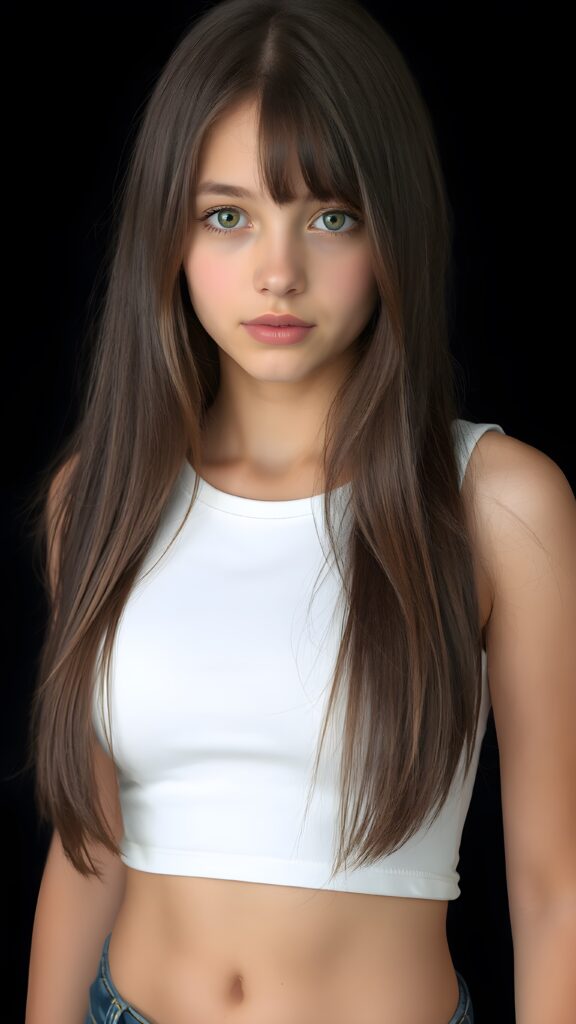 a (((perfectly proportioned, super cute teen girl))), with straight soft very long dark brown hair, (full lips), and (((big eyes))) that exude innocence, paired with a (short cropped tank top) that emphasizes her (perfect skin) and (flawlessly matching eyes). Her figure is so perfectly proportioned that it defies reality, with a (distinctive six-pack on her abs) that perfectly complements her overall aesthetic, (((against a black backdrop))) ((upper body portrait))