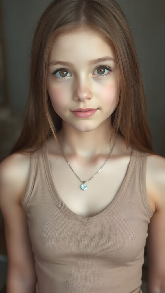 a (((perfectly detailed full body portrait))), featuring a (((beautiful young teen girl))) with straight soft long brown hair, realistic amber eyes, and a flawless fair complexion. Her expression exudes warmth and vitality, wearing a (((cropped tank top))), ((perfectly fitted)) with a (((deep v-neck))), that brings out her perfectly proportioned figure, perfectly aligned front to back. She wears a (plain silver necklace) that complements her ensemble. The scene is (((light grey and warm white) toned) to create a cozy, inviting atmosphere