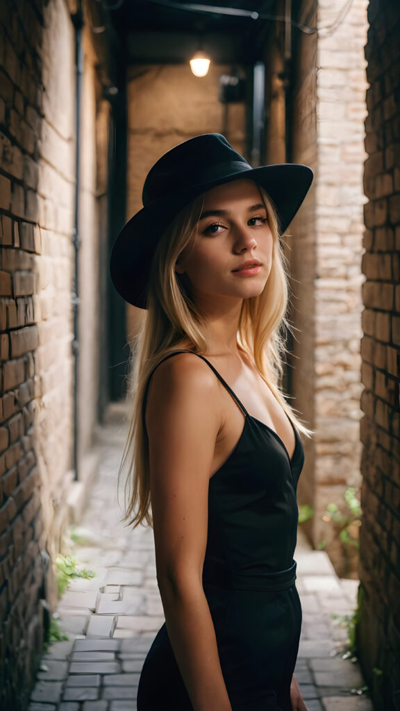 a petite blonde girl with soft long hair, an air of mystery, standing in a shadowy alleyway, she is dressed in a stylish, black short outfit, with a hat casting a shadow over her eyes, her expression is enigmatic, with a slight, knowing smile