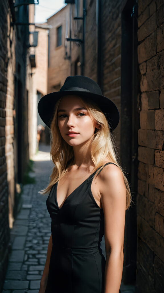 a petite blonde girl with soft long hair, an air of mystery, standing in a shadowy alleyway, she is dressed in a stylish, black short outfit, with a hat casting a shadow over her eyes, her expression is enigmatic, with a slight, knowing smile