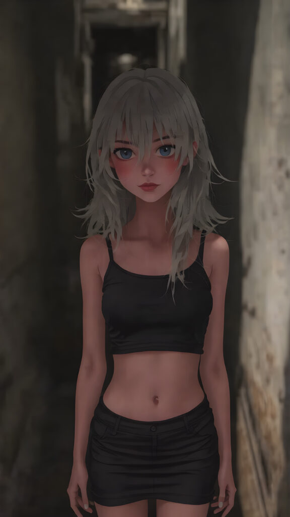 a petite girl with soft long white hair, an air of mystery, standing in a shadowy alleyway, she is dressed in a black short cropped tank top, miniskirt, with a hat casting a shadow over her eyes, her expression is enigmatic, knowing smile