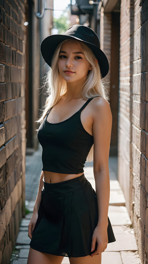 a petite girl with soft long white hair, an air of mystery, standing in a shadowy alleyway, she is dressed in a black short cropped tank top, miniskirt, with a hat casting a shadow over her eyes, her expression is enigmatic, knowing smile