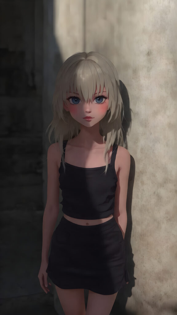 a petite girl with soft long white hair, an air of mystery, standing in a shadowy alleyway, she is dressed in a black short cropped tank top, miniskirt, with a hat casting a shadow over her eyes, her expression is enigmatic, knowing smile