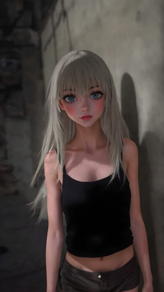 a petite girl with soft long white hair, an air of mystery, standing in a shadowy alleyway, she is dressed in a black short cropped tank top, miniskirt, with a hat casting a shadow over her eyes, her expression is enigmatic, knowing smile