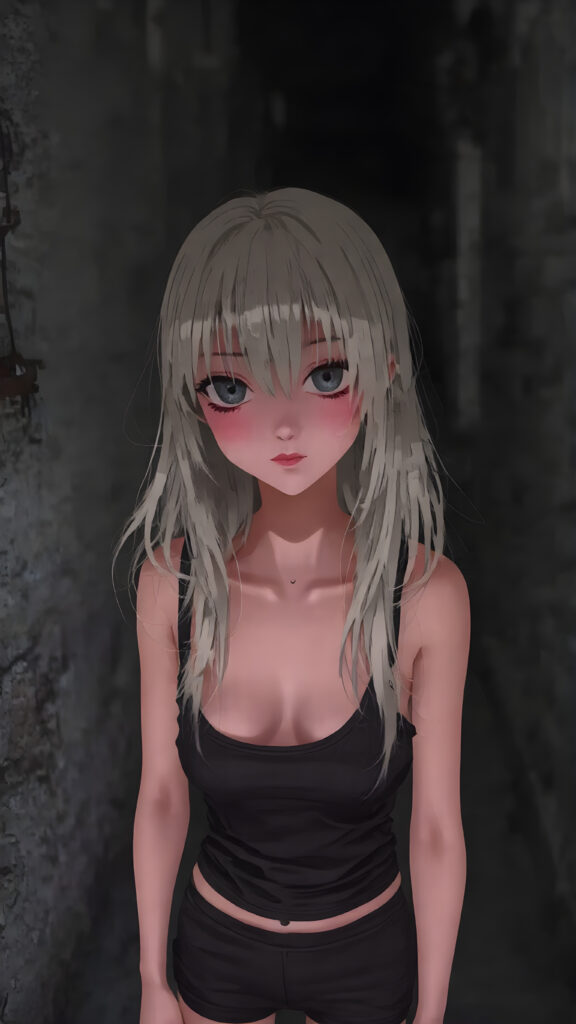 a petite girl with soft long white hair, an air of mystery, standing in a shadowy alleyway, she is dressed in a black short cropped tank top, miniskirt, with a hat casting a shadow over her eyes, her expression is enigmatic, knowing smile