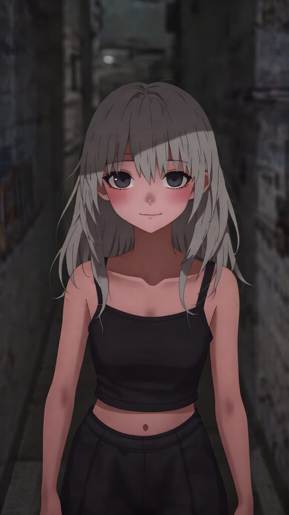 a petite girl with soft long white hair, an air of mystery, standing in a shadowy alleyway, she is dressed in a black short cropped tank top, miniskirt, with a hat casting a shadow over her eyes, her expression is enigmatic, knowing smile