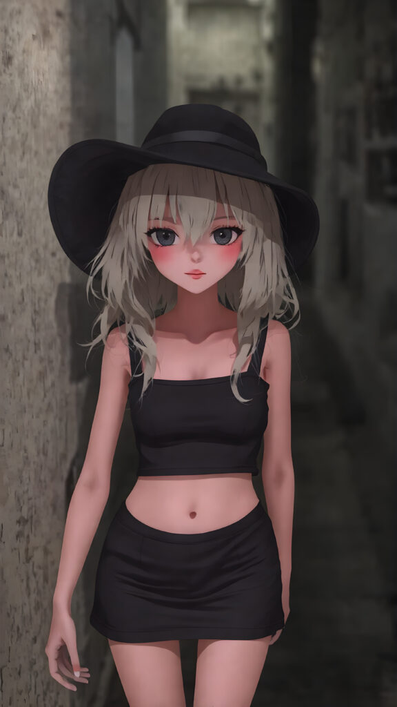 a petite girl with soft long white hair, an air of mystery, standing in a shadowy alleyway, she is dressed in a black short cropped tank top, miniskirt, with a hat casting a shadow over her eyes, her expression is enigmatic, knowing smile