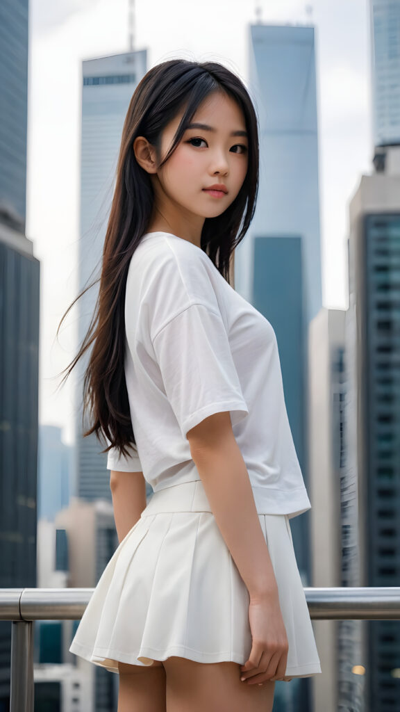 a (((photo))) capturing a (((Japanese teen girl standing alone))), her features sharply detailed and realistic, framed by the sleek silhouette of (((skyscrapers))) in the background, her long, flowing black hair adding a touch of movement and contrast, she has a beautiful, perfectly shaped body, ((stunning)), ((gorgeous)), ((cute)), she wears a plain white t-shirt and a soft round mini skirt