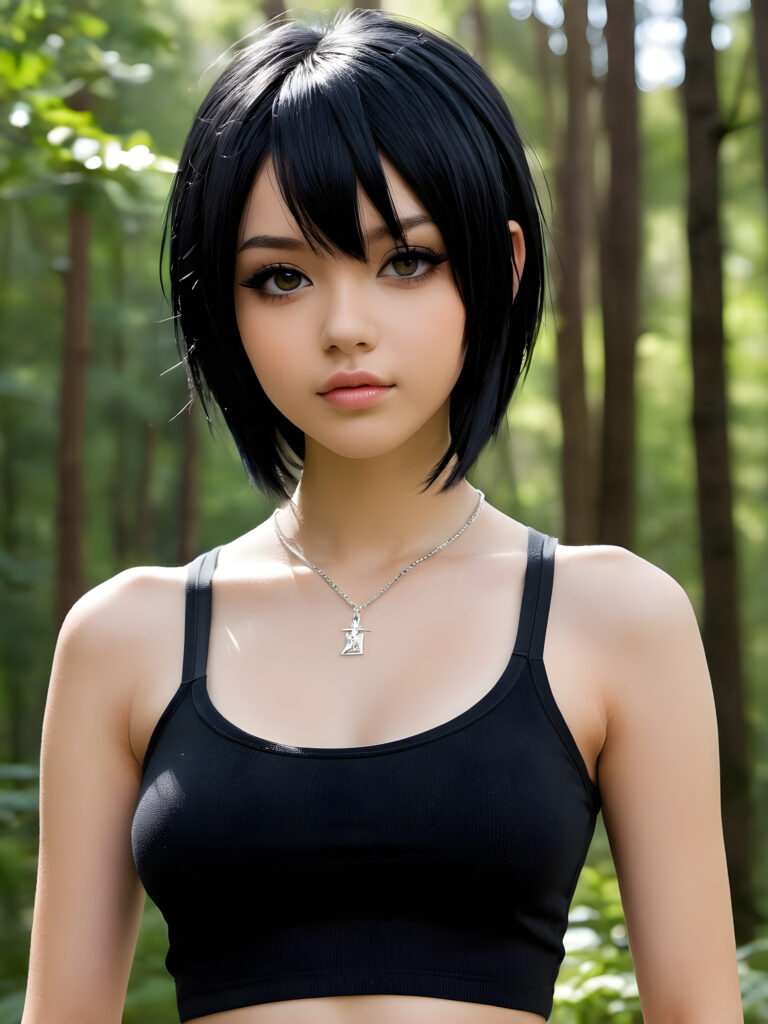 a (((photo))) featuring a (((teenage emo girl))) with sleek straight obsidian black hair and a toned physique, full lips, wearing a cropped silver tank top and a thin silver necklace, striking a seriously gorgeous front-facing pose against a truly stunningly detailed anime-style backdrop of a (spring forest), with her expression adding a touch of melancholy that completes the realistically authentic emo aesthetic