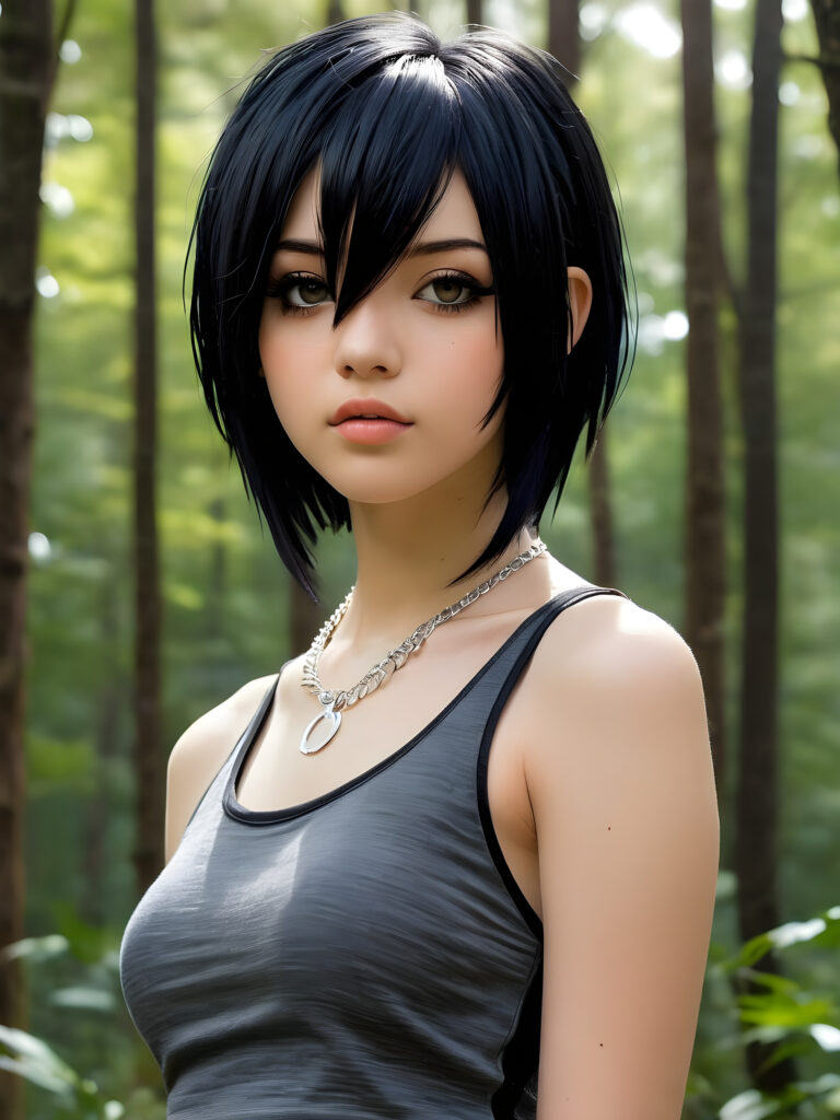 a (((photo))) featuring a (((teenage emo girl))) with sleek straight obsidian black hair and a toned physique, full lips, wearing a cropped silver tank top and a thin silver necklace, striking a seriously gorgeous front-facing pose against a truly stunningly detailed anime-style backdrop of a (spring forest), with her expression adding a touch of melancholy that completes the realistically authentic emo aesthetic