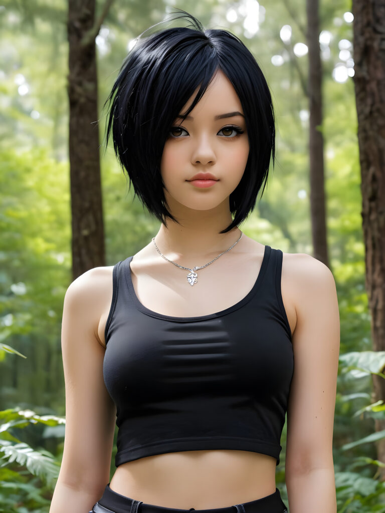 a (((photo))) featuring a (((teenage emo girl))) with sleek straight obsidian black hair and a toned physique, full lips, wearing a cropped silver tank top and a thin silver necklace, striking a seriously gorgeous front-facing pose against a truly stunningly detailed anime-style backdrop of a (spring forest), with her expression adding a touch of melancholy that completes the realistically authentic emo aesthetic