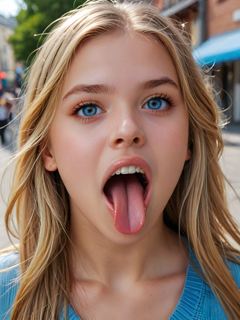 a photo of a young cute girl, 14 years old, with a beautiful face, realistic and hyper realistic, with long, straight jet blond hair, reflective light blue eyes, beautiful, flawless complexion, perfect face, ultra fine, extreme realism, extremely detailed, (((open mouth and she sticks out her round perfect tongue))) ((view from above))