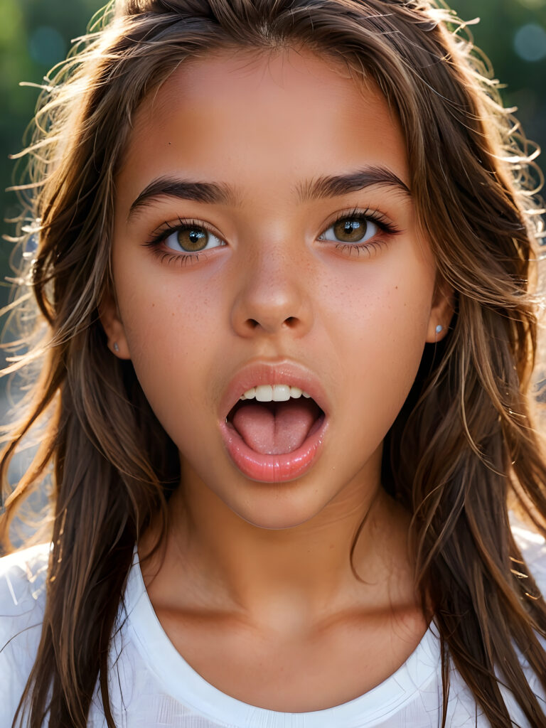 a photo of a young tanned cute girl, 14 years old, with a beautiful face, realistic and hyper realistic, with long, messy hair, reflective eyes, beautiful, flawless complexion, perfect face, ultra fine, extreme realism, extremely detailed, (((open mouth and she sticks out her tongue)))