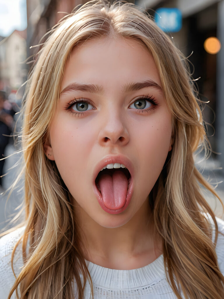 a photo of a young cute girl, 14 years old, with a beautiful face, realistic and hyper realistic, with long, straight jet blond hair, reflective light blue eyes, beautiful, flawless complexion, perfect face, ultra fine, extreme realism, extremely detailed, (((open mouth and she sticks out her round perfect tongue))) ((view from above))