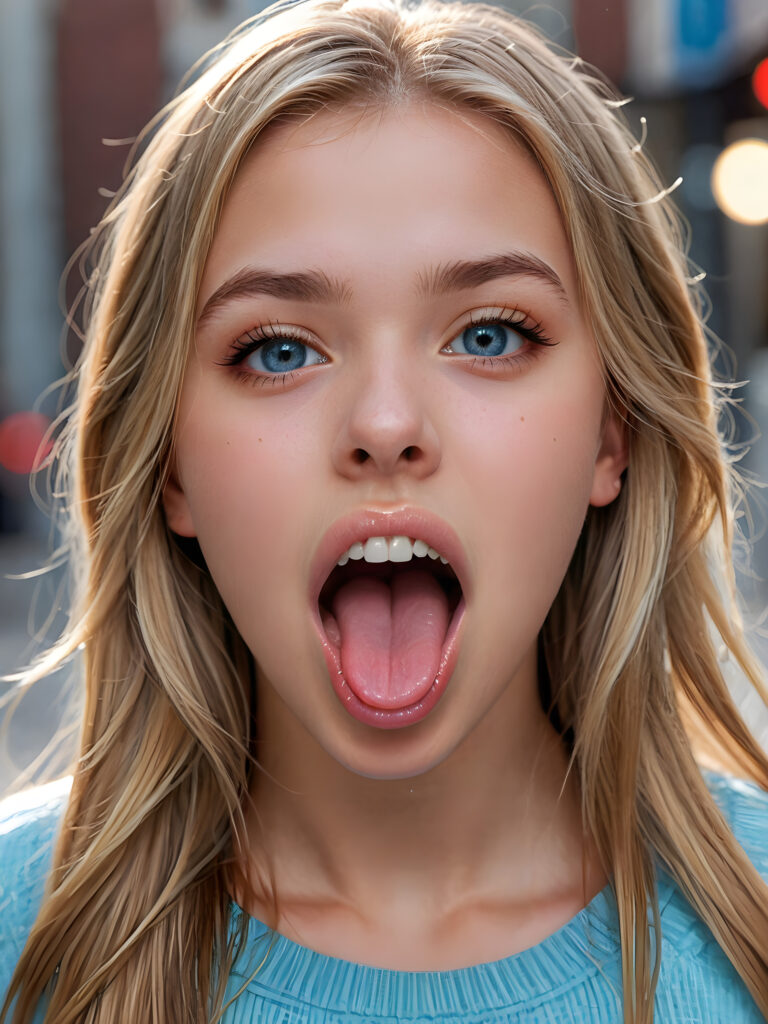 a photo of a young cute girl, 14 years old, with a beautiful face, realistic and hyper realistic, with long, straight jet blond hair, reflective light blue eyes, beautiful, flawless complexion, perfect face, ultra fine, extreme realism, extremely detailed, (((open mouth and she sticks out her round perfect tongue))) ((view from above))