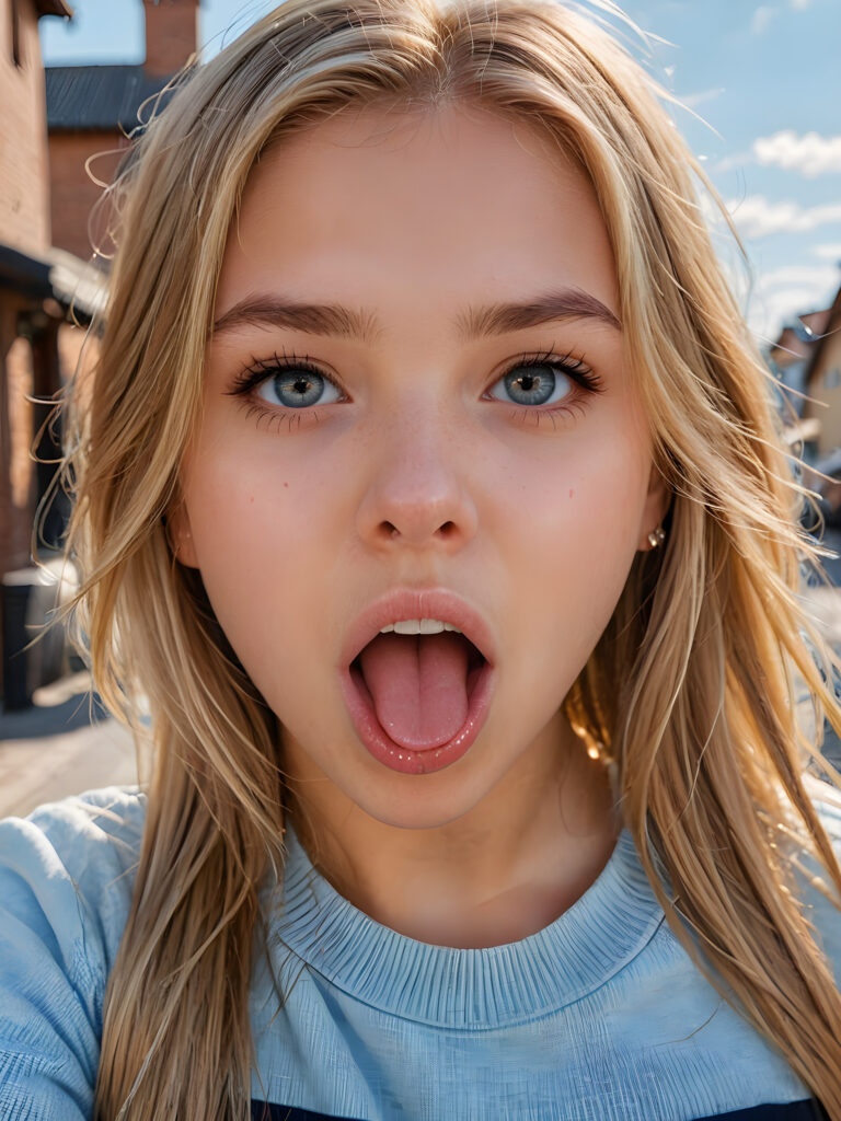 a photo of a young cute girl, 14 years old, with a beautiful face, realistic and hyper realistic, with long, straight jet blond hair, reflective light blue eyes, beautiful, flawless complexion, perfect face, ultra fine, extreme realism, extremely detailed, (((open mouth and she sticks out her round perfect tongue))) ((view from above))