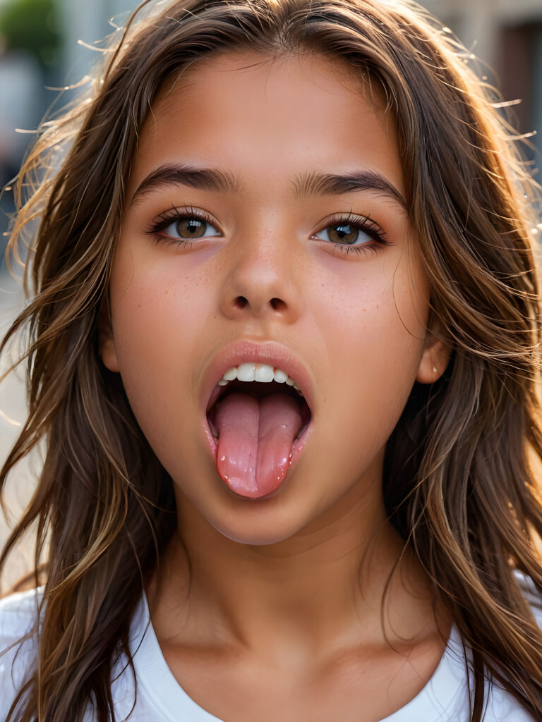 a photo of a young tanned cute girl, 14 years old, with a beautiful face, realistic and hyper realistic, with long, messy hair, reflective eyes, beautiful, flawless complexion, perfect face, ultra fine, extreme realism, extremely detailed, (((open mouth and she sticks out her tongue)))