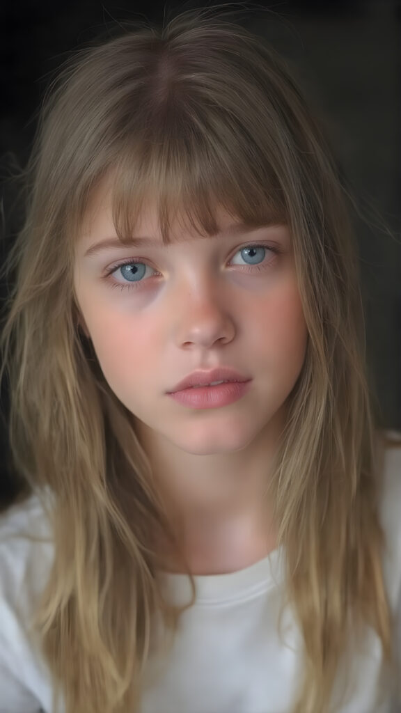 a photo shows a young aduld stunning teen girl with soft brown hair, bangs, light blue eyes and pale skin. Her hair falls over her body and shines, she wears a white t-shirt, full kissable lips, round face, dark backdrop