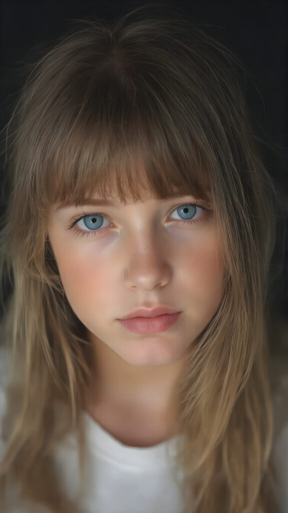 a photo shows a young aduld stunning teen girl with soft brown hair, bangs, light blue eyes and pale skin. Her hair falls over her body and shines, she wears a white t-shirt, full kissable lips, round face, dark backdrop