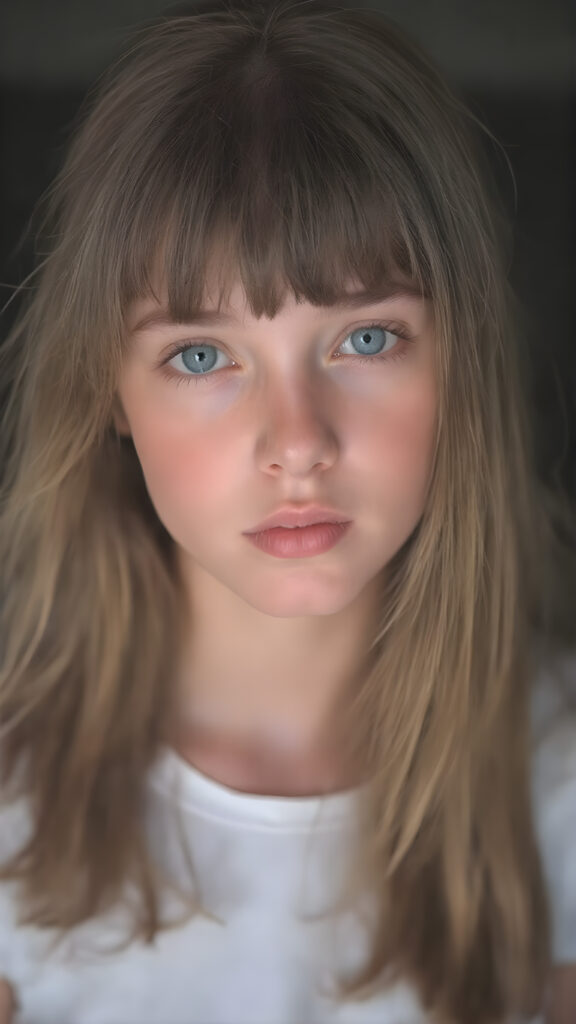 a photo shows a young aduld stunning teen girl with soft brown hair, bangs, light blue eyes and pale skin. Her hair falls over her body and shines, she wears a white t-shirt, full kissable lips, round face, dark backdrop