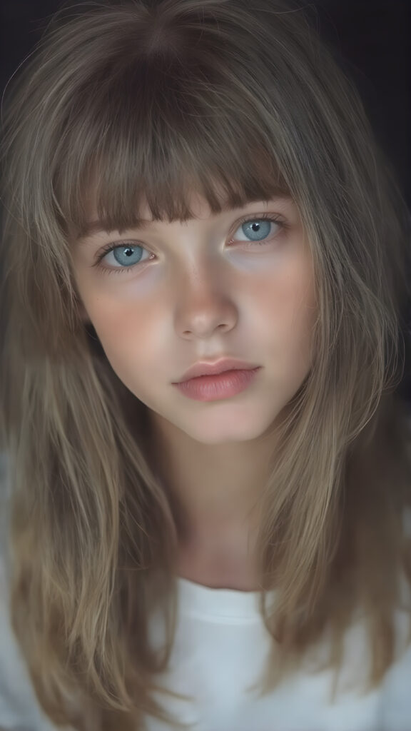 a photo shows a young aduld stunning teen girl with soft brown hair, bangs, light blue eyes and pale skin. Her hair falls over her body and shines, she wears a white t-shirt, full kissable lips, round face, dark backdrop