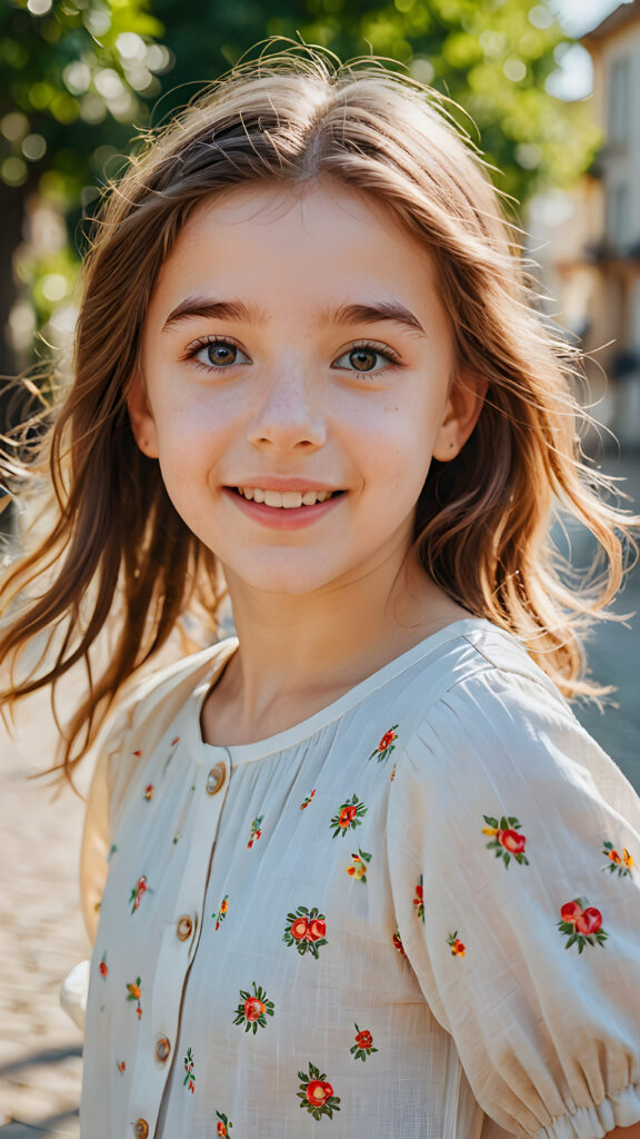 a playful (((young girl, 16 years old))) with rosy cheeks and bright eyes, capturing a wholesome, (((cuteness))), dressed in a (simple, sunny outfit)