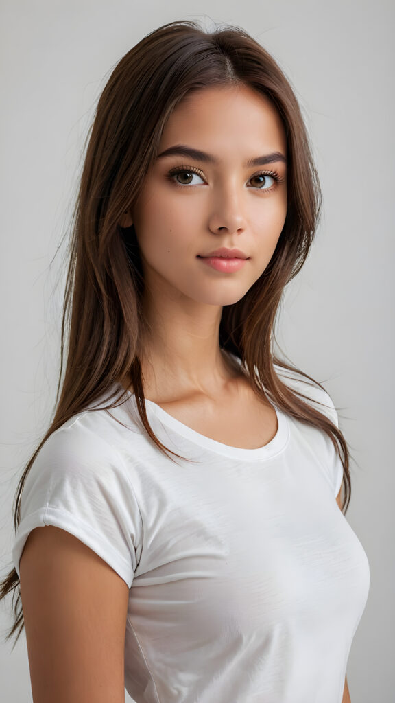 a ((portrait)) of (((cute))) (((elegant))) ((attractive)) (((long, straight hair))) ((stunning)) a beautifully realistic, cinematic lights, Exotic teen girl, realistic detailed angelic round face, ((realistic detailed eye)) look at the camera, portrait shot, perfect curved body, (wears a super short tight (white t-shirt), perfect anatomy, white background, side perspective, ((no background))