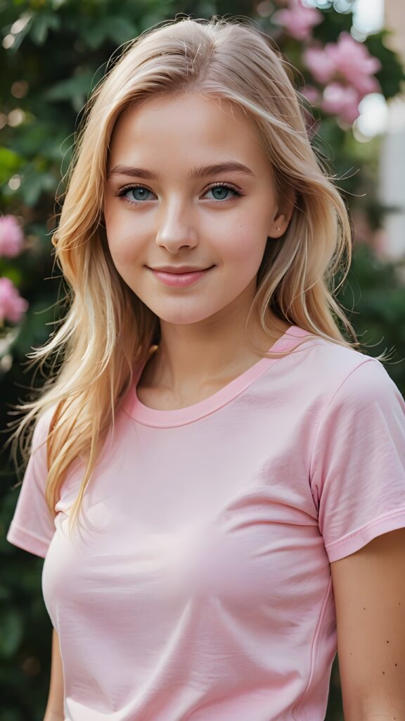 a portrait of a young girl with silky smooth, straight long blonde hair. Her hair falls over her shoulders and covers her upper body. She has sparkling, light blue eyes and a charming smile, ((she wears a tight, form-fitting short pink empty T-shirt))