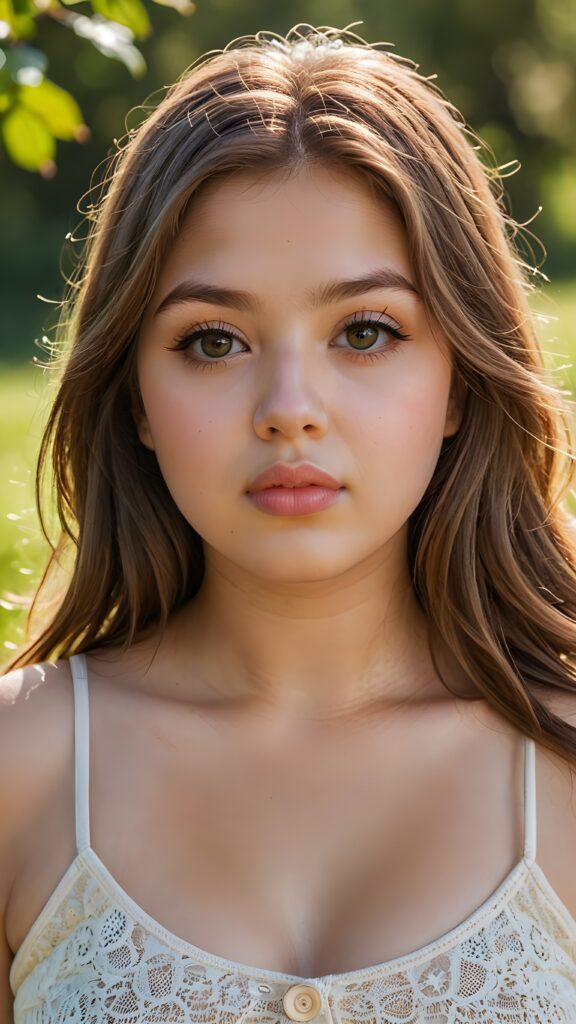 a portrait of a (((cute, beautiful, young, chubby, plump lips, big eyes))) ((busty)) teen girl with ((silky smooth, straight long light brown soft detailed hair)) covering her shoulders and upper body. She wears a ((low cut, tight, form-fitting, empty tank top)). All against a sunny green grassy backdrop