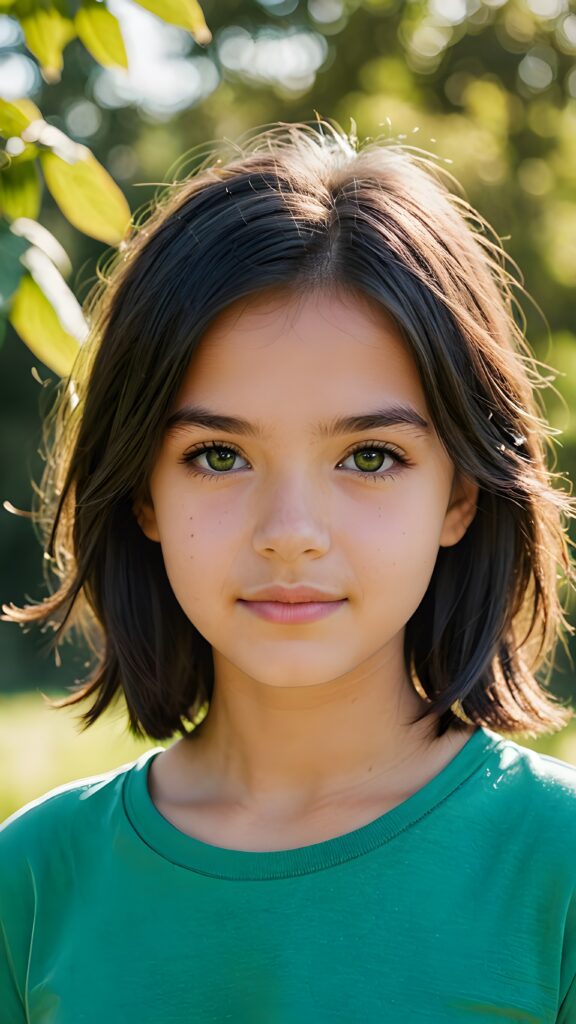 a portrait of a young, beautiful teen girl, 13 years old, with shoulder-length black soft hair, her eyes shine and she has flawless skin, a perfect face, short cropped plain t-shirt, against a sunny green backdrop