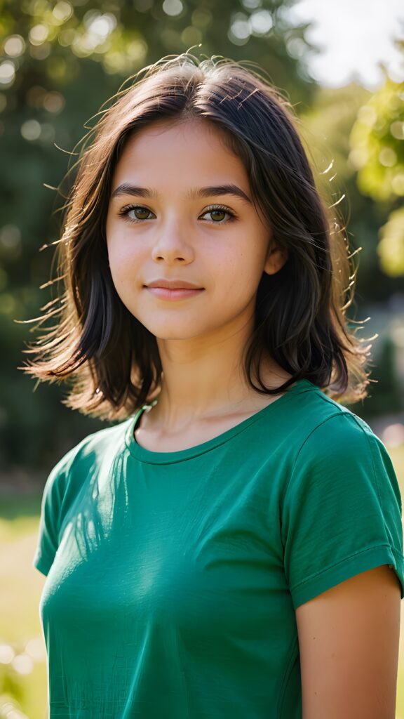 a portrait of a young, beautiful teen girl, 13 years old, with shoulder-length black soft hair, her eyes shine and she has flawless skin, a perfect face, short cropped plain t-shirt, against a sunny green backdrop