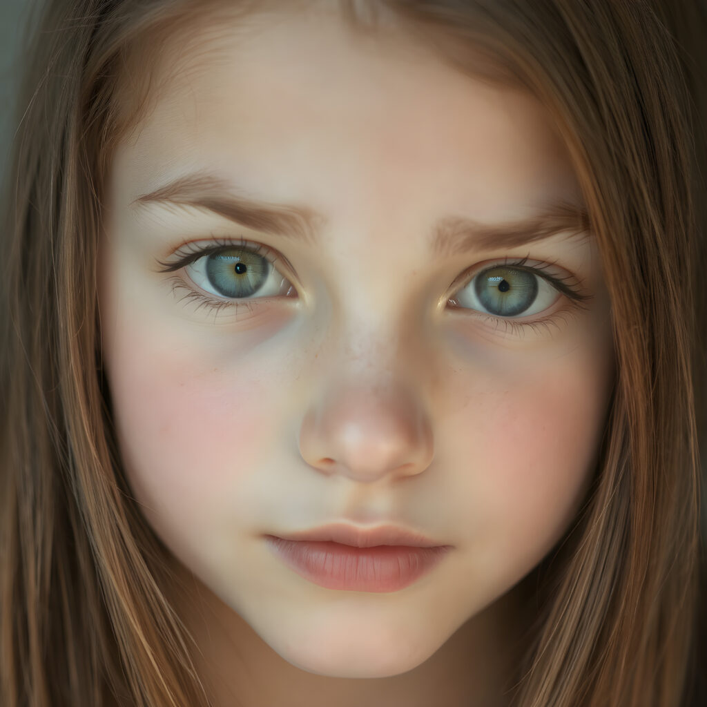 a portrait of a (((beautiful, youthful girl))) with ((moderately imperfect skin)) and ((intricate details around her eyes)), sporting ((long, straight brown hair)) and ((light brown eyes)), full kissable lips, light blue detailed and realistic eyes, (((looking into the camera))) with ((natural, soft lighting)) and ((detailed, symmetrical eyes)), capturing ((perfect, matching eyes)) and ((creating a harmonious, balanced composition)) that exudes ((high realism)) at an (8K resolution)