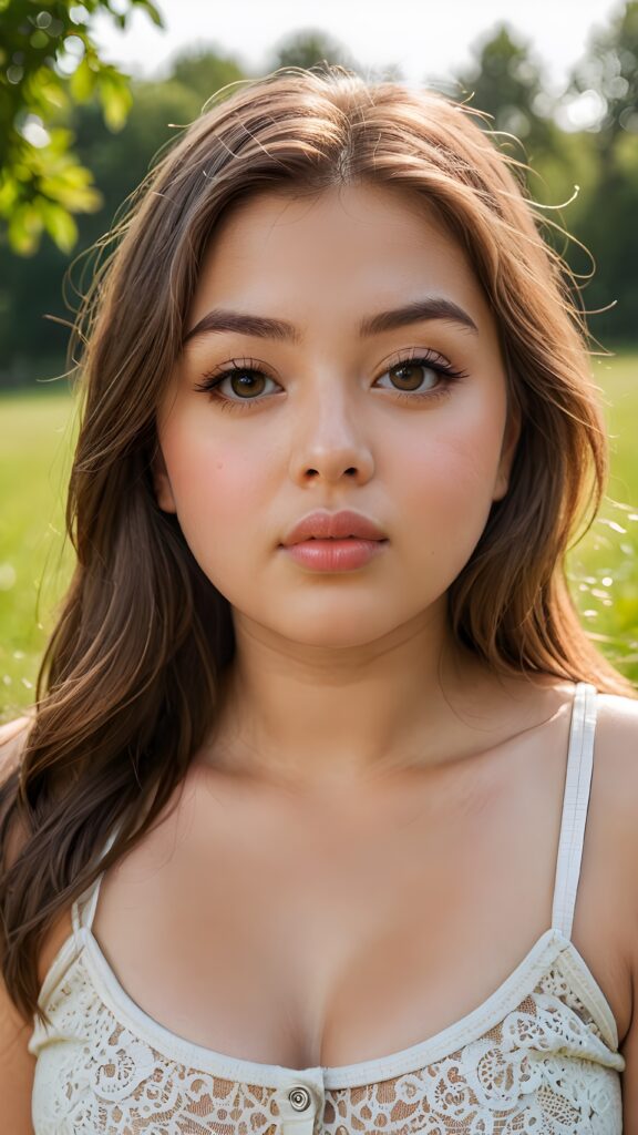 a portrait of a (((cute, beautiful, young, chubby, plump lips, big eyes))) ((busty)) teen girl with ((silky smooth, straight long light brown soft detailed hair)) covering her shoulders and upper body. She wears a ((low cut, tight, form-fitting, empty tank top)). All against a sunny green grassy backdrop