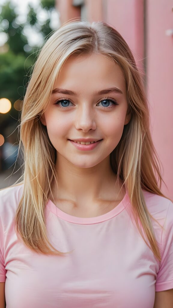 a portrait of a young girl with silky smooth, straight long blonde hair. Her hair falls over her shoulders and covers her upper body. She has sparkling, light blue eyes and a charming smile, ((she wears a tight, form-fitting short pink empty T-shirt))