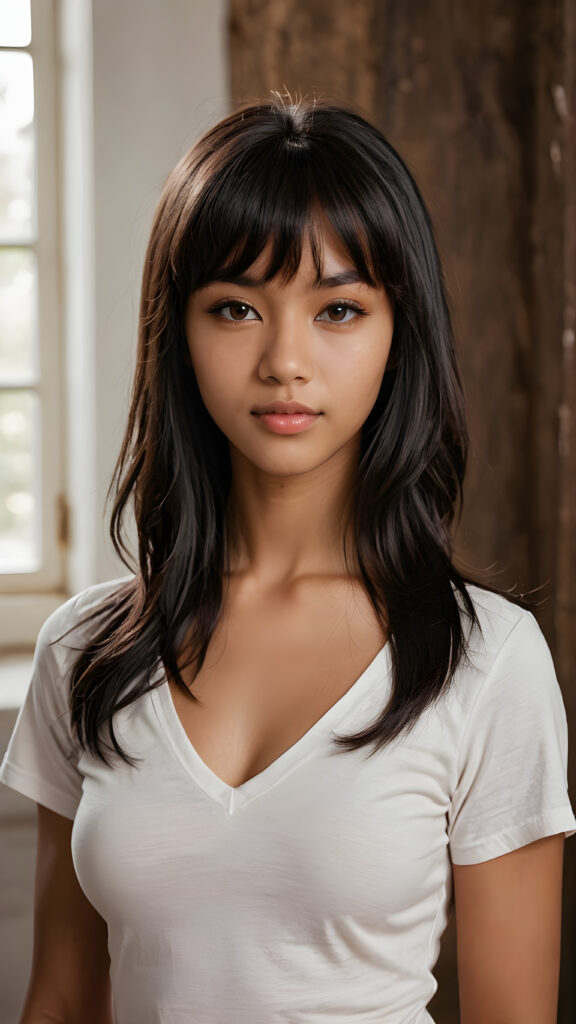 a (((portraits of a girl that look like a teen version of angel girl))) with a (((long, softly curved, obsidian-black hair)))), (((bangs))), (((brown skin))), (((muscularity accentuated))), ((cropped t-shirt)), (((deep v-neck))), ((realistic detailed brown eye)) that look like a (((mystical girl))) with a backdrop of a (((white sanctuary)))