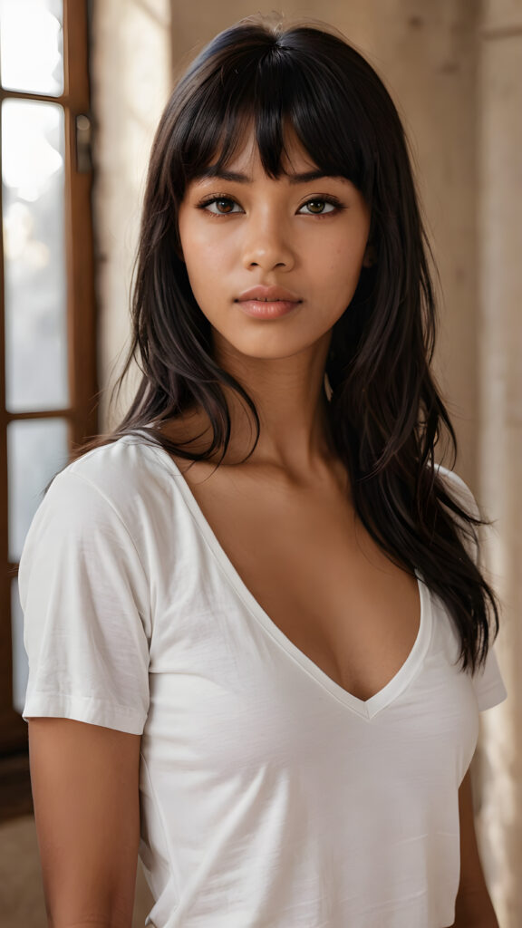 a (((portraits of a girl that look like a teen version of angel girl))) with a (((long, softly curved, obsidian-black hair)))), (((bangs))), (((brown skin))), (((muscularity accentuated))), ((cropped t-shirt)), (((deep v-neck))), ((realistic detailed brown eye)) that look like a (((mystical girl))) with a backdrop of a (((white sanctuary)))