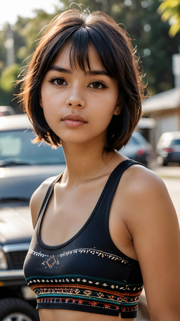 a (((pretty indigenous girl))) with short, flowing black soft straight hair with bangs and (((brown eyes))), dressed in a (((tank top))) that showcases her perfectly curved body, she is perfect, detailed face, full lips