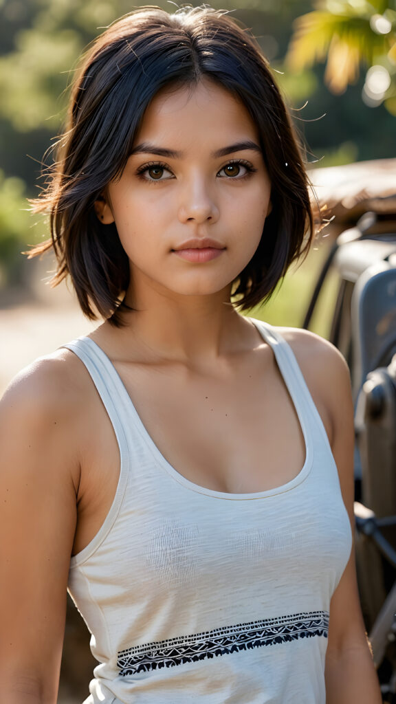 a (((pretty indigenous girl))) with short, flowing black soft straight hair with bangs and (((brown eyes))), dressed in a (((tank top))) that showcases her perfectly curved body, she is perfect, detailed face, full lips