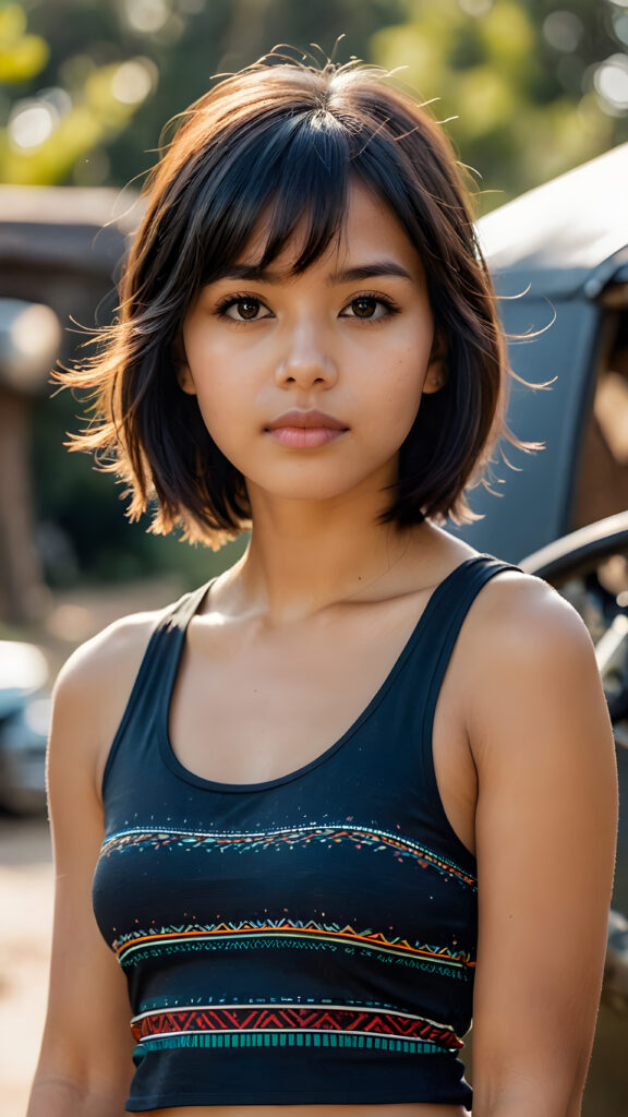 a (((pretty indigenous girl))) with short, flowing black soft straight hair with bangs and (((brown eyes))), dressed in a (((tank top))) that showcases her perfectly curved body, she is perfect, detailed face, full lips