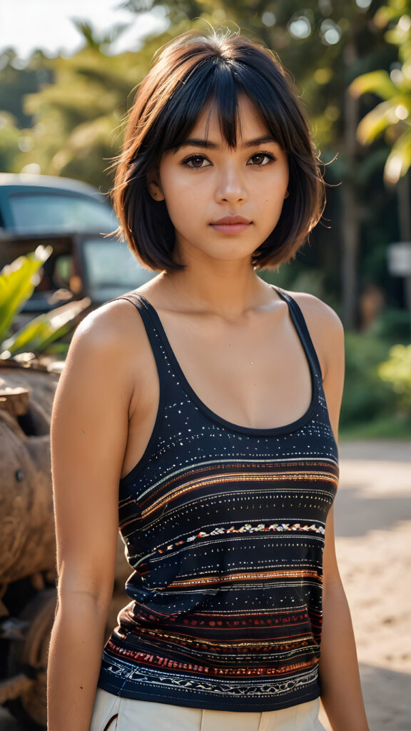 a (((pretty indigenous girl))) with short, flowing black soft straight hair with bangs and (((brown eyes))), dressed in a (((tank top))) that showcases her perfectly curved body, she is perfect, detailed face, full lips