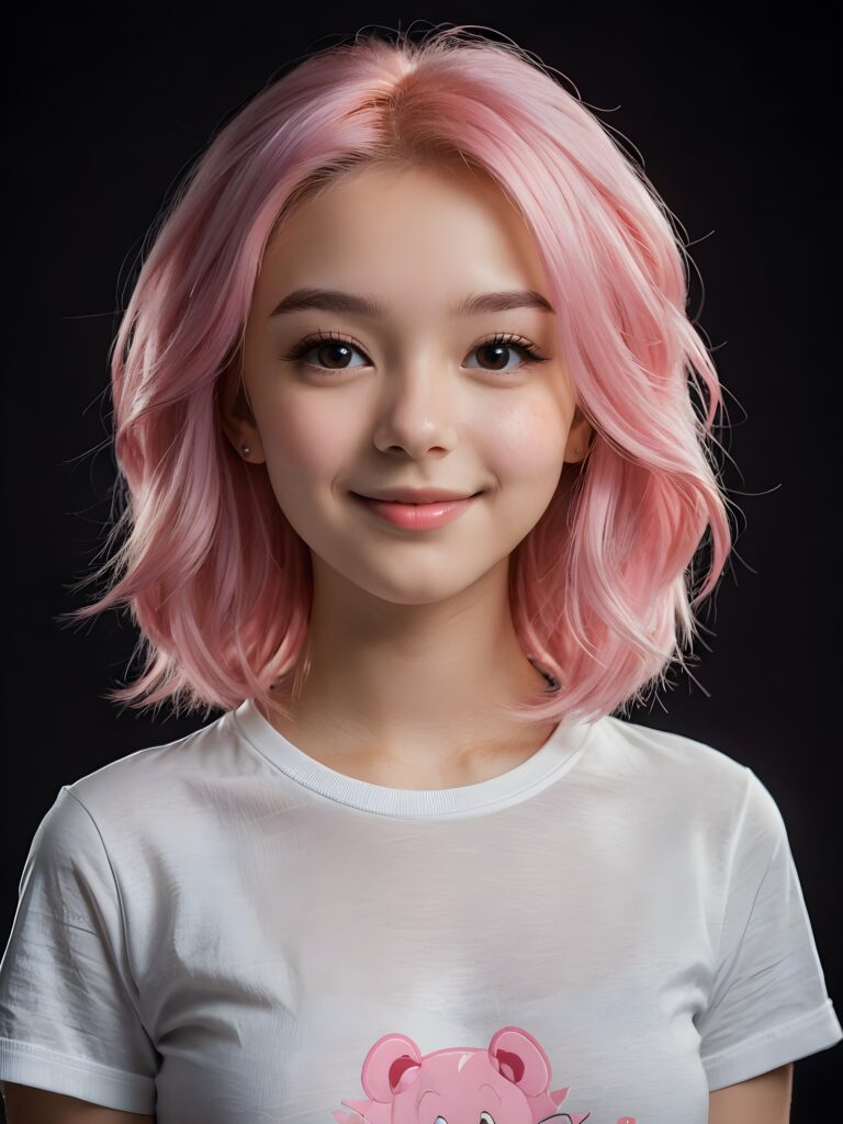 a pretty young girl with silky smooth pink hair wears a thin T-shirt and looks cheerfully at the viewer, ((dark backdrop)), ((perfect light and shadows support the pictures))