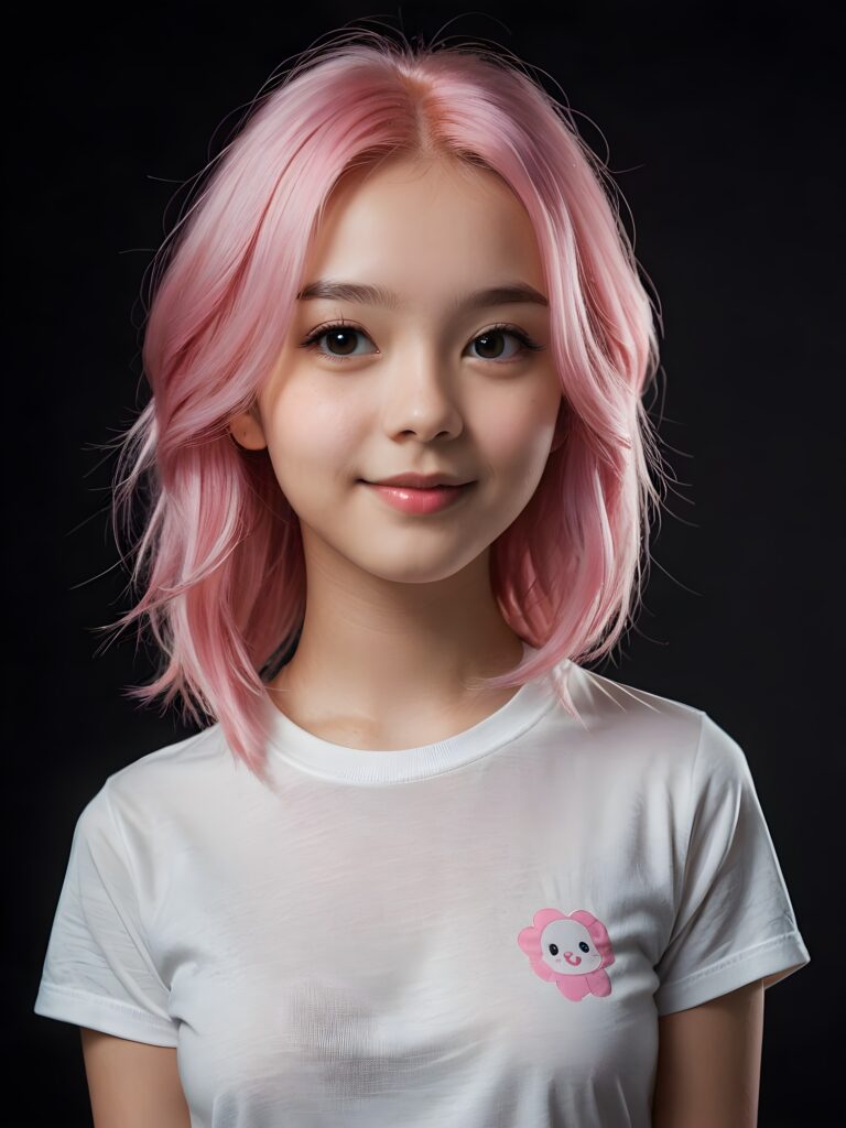 a pretty young girl with silky smooth pink hair wears a thin T-shirt and looks cheerfully at the viewer, ((dark backdrop)), ((perfect light and shadows support the pictures))