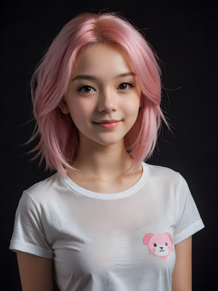 a pretty young girl with silky smooth pink hair wears a thin T-shirt and looks cheerfully at the viewer, ((dark backdrop)), ((perfect light and shadows support the pictures))