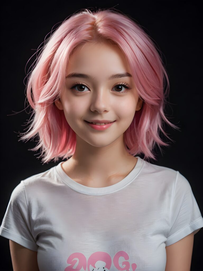 a pretty young girl with silky smooth pink hair wears a thin T-shirt and looks cheerfully at the viewer, ((dark backdrop)), ((perfect light and shadows support the pictures))