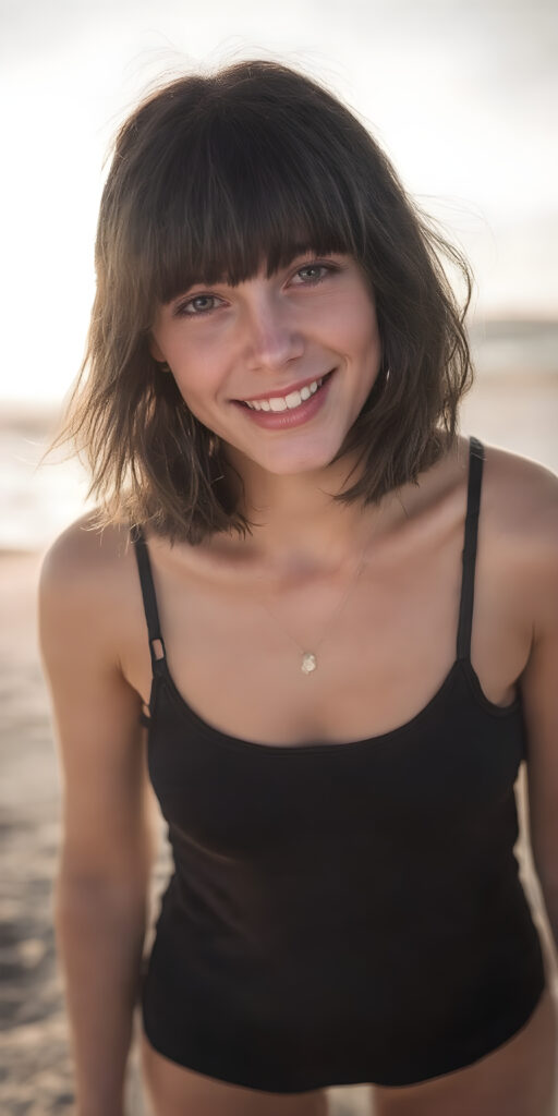 a (((professional high-resolution black and white photograph))), capturing a (((teen emo girl))) with straight soft black shoulder-length hair framing her face in gentle bangs, standing on a (((lonely beach))) as the sun rises behind her, creating a warm glow that casts a soft light on her and the surrounding landscape. Her attire is a ((thin tank top)) with soft, ((Black leather shorts)), showcasing her full body elegantly and emphasizing her ((skinny, yet muscular and lean figure)) in a ((vibrant, happy and animated pose)) with her ((cheerful smile)) and ((slightly windblown hair)), under a ((low-key, vibrant and cinematic lighting concept))