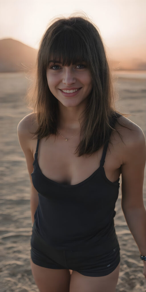 a (((professional high-resolution black and white photograph))), capturing a (((teen emo girl))) with straight soft black shoulder-length hair framing her face in gentle bangs, standing on a (((lonely beach))) as the sun rises behind her, creating a warm glow that casts a soft light on her and the surrounding landscape. Her attire is a ((thin tank top)) with soft, ((Black leather shorts)), showcasing her full body elegantly and emphasizing her ((skinny, yet muscular and lean figure)) in a ((vibrant, happy and animated pose)) with her ((cheerful smile)) and ((slightly windblown hair)), under a ((low-key, vibrant and cinematic lighting concept))