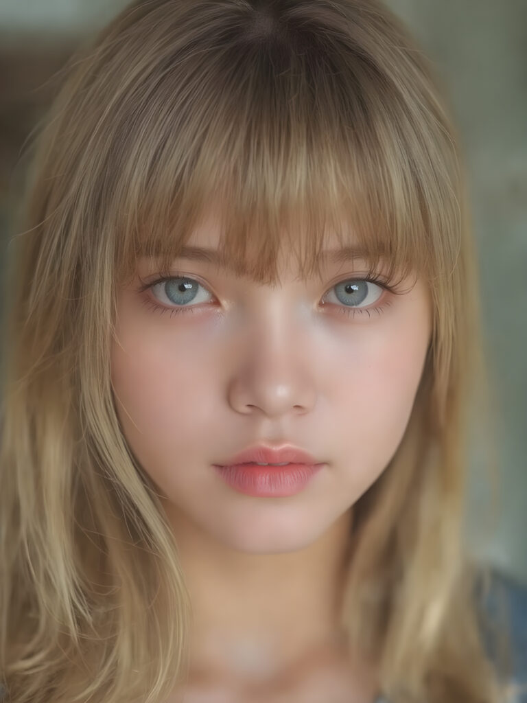 a (((professional photograph))) in a (((highly detailed ultra realistic side view))), with a (((Japanese teen girl))) who has (((long, incredibly soft and flowing straight blond hair))), bangs and (((brightly shining, deeply set blue eyes))), as she gently gazes into the camera. Her face exudes an air of (astonishment) at the camera’s focus, which captures her perfectly serene yet inviting features. Her (((full red lips))) are softly painted in a (((trending shade of pink))), providing a breathtakingly realistic portrait that embodies the essence of a (((high-resolution masterpiece))). Perfect anatomy. Perfect light. Sunny. Warm colors. Soft shadows.