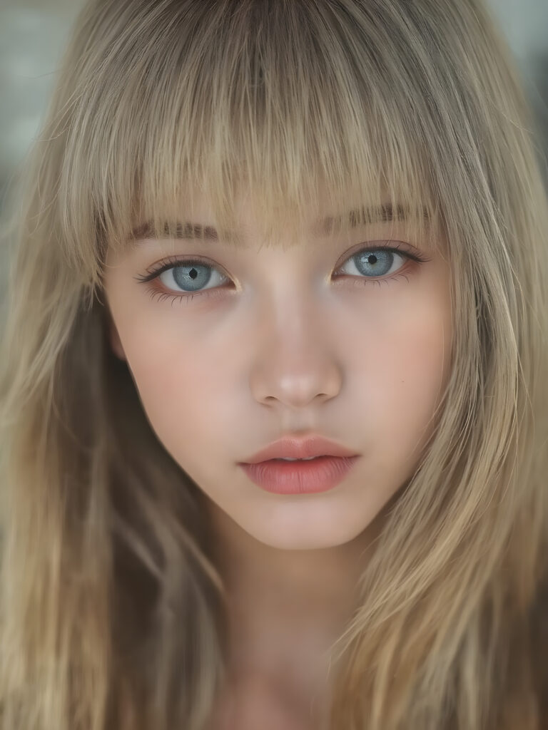 a (((professional photograph))) in a (((highly detailed ultra realistic side view))), with a (((Japanese teen girl))) who has (((long, incredibly soft and flowing straight blond hair))), bangs and (((brightly shining, deeply set blue eyes))), as she gently gazes into the camera. Her face exudes an air of (astonishment) at the camera’s focus, which captures her perfectly serene yet inviting features. Her (((full red lips))) are softly painted in a (((trending shade of pink))), providing a breathtakingly realistic portrait that embodies the essence of a (((high-resolution masterpiece))). Perfect anatomy. Perfect light. Sunny. Warm colors. Soft shadows.